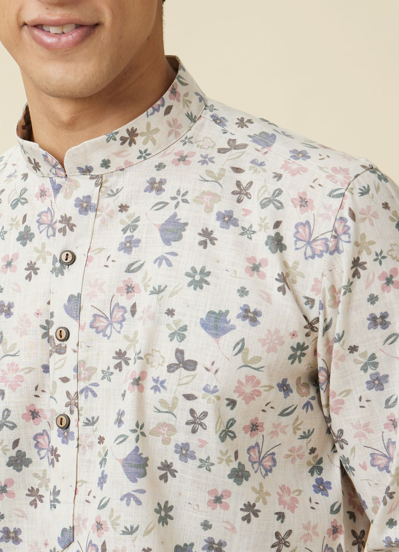 Manyavar Men Antique White Floral Printed Kurta