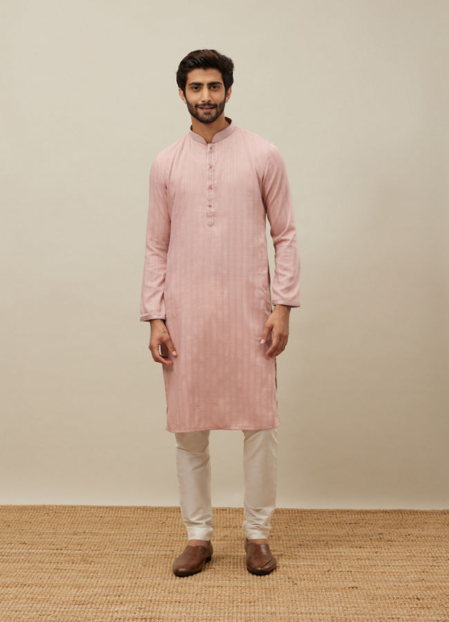 Manyavar Men Cherry Blossom Pink Vertical Patterned Kurta Set