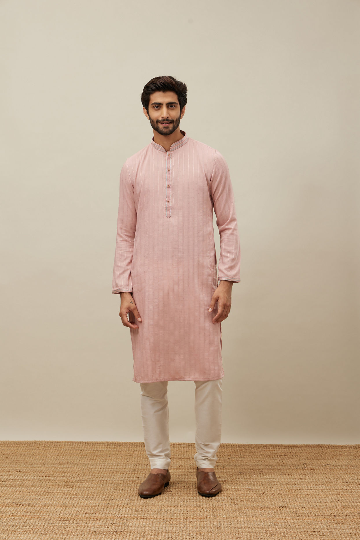 Manyavar Men Cherry Blossom Pink Vertical Patterned Kurta Set
