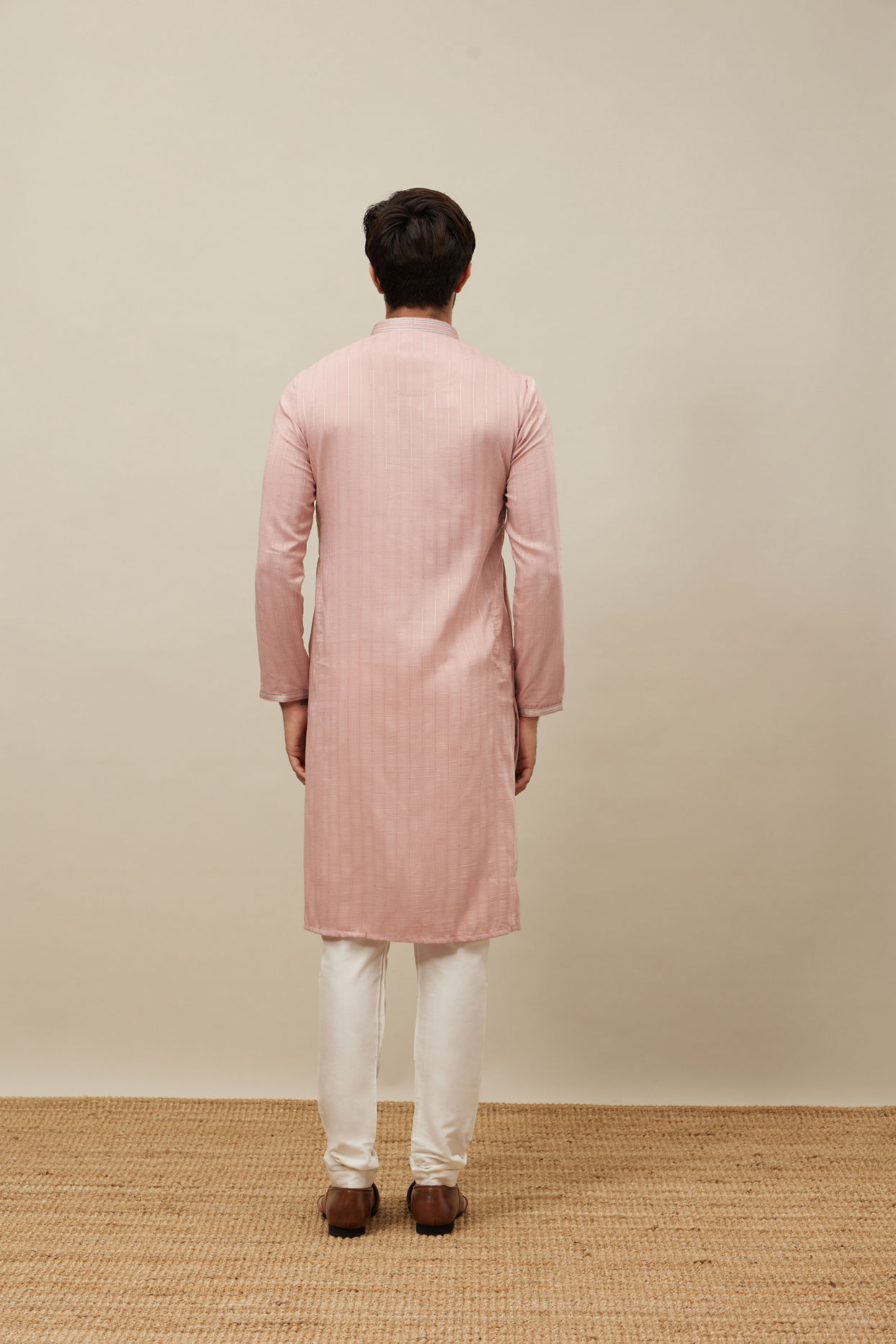 Manyavar Men Cherry Blossom Pink Vertical Patterned Kurta Set