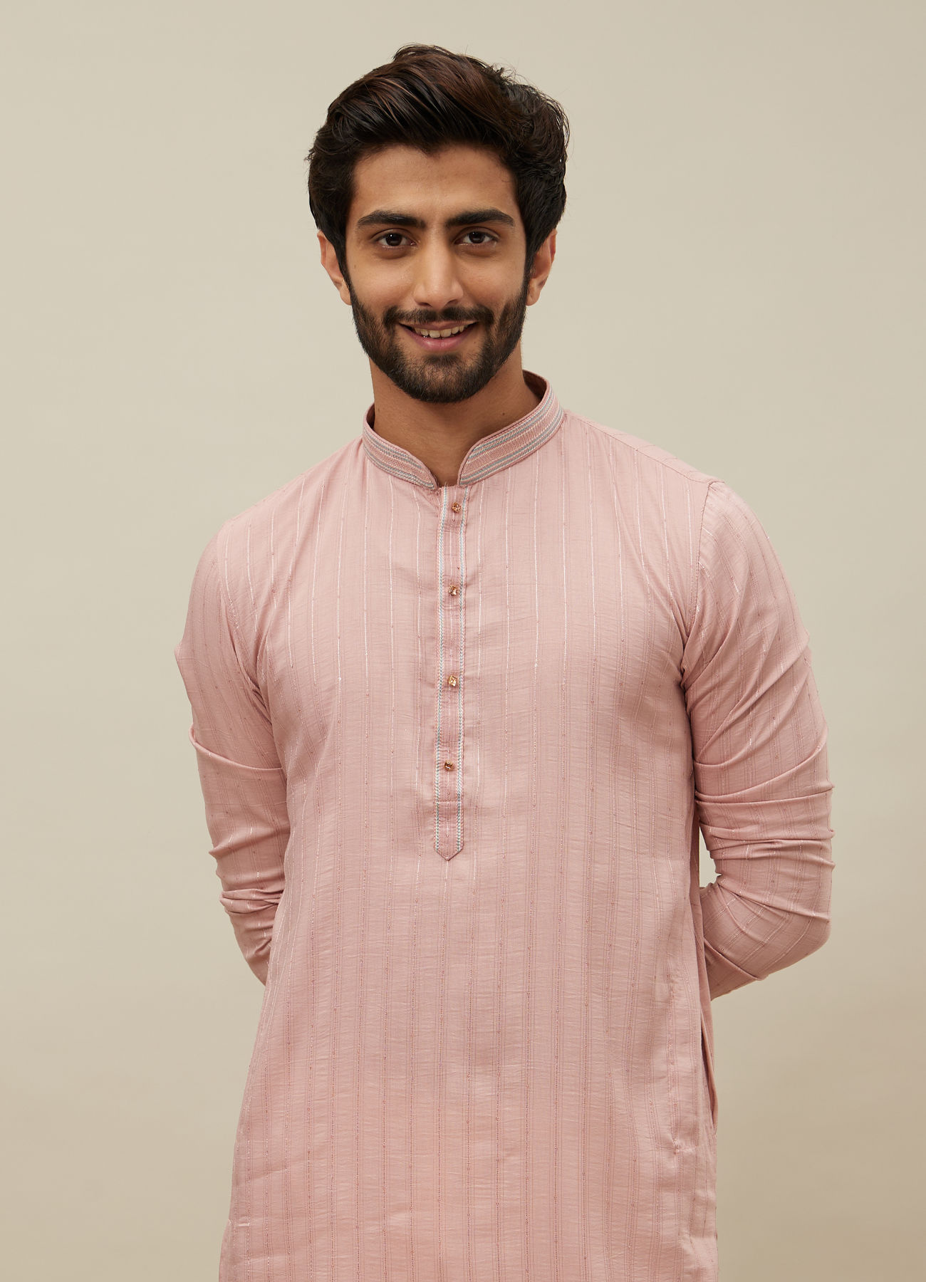 Manyavar Men Cherry Blossom Pink Vertical Patterned Kurta Set