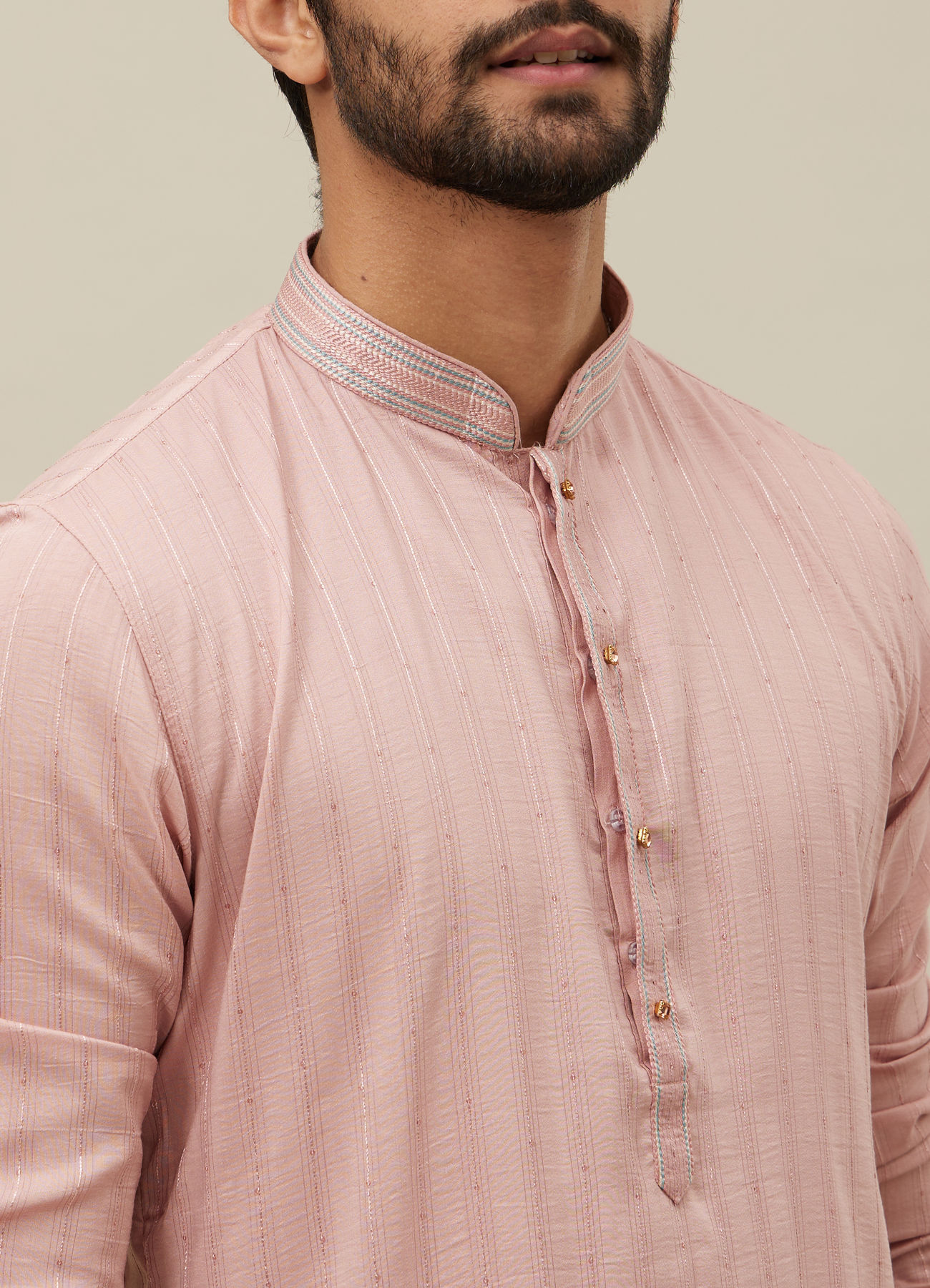 Manyavar Men Cherry Blossom Pink Vertical Patterned Kurta Set