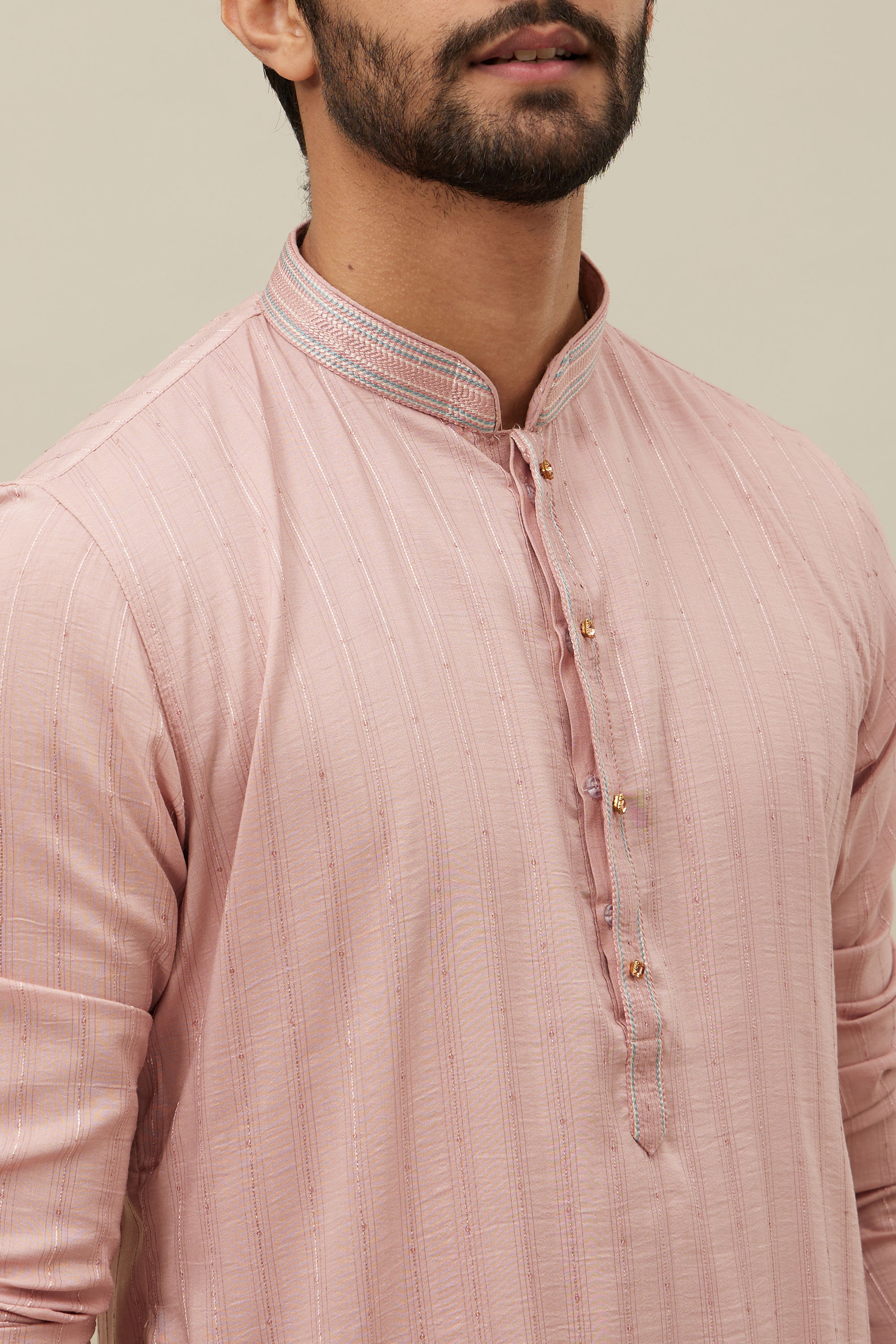 Manyavar Men Cherry Blossom Pink Vertical Patterned Kurta Set