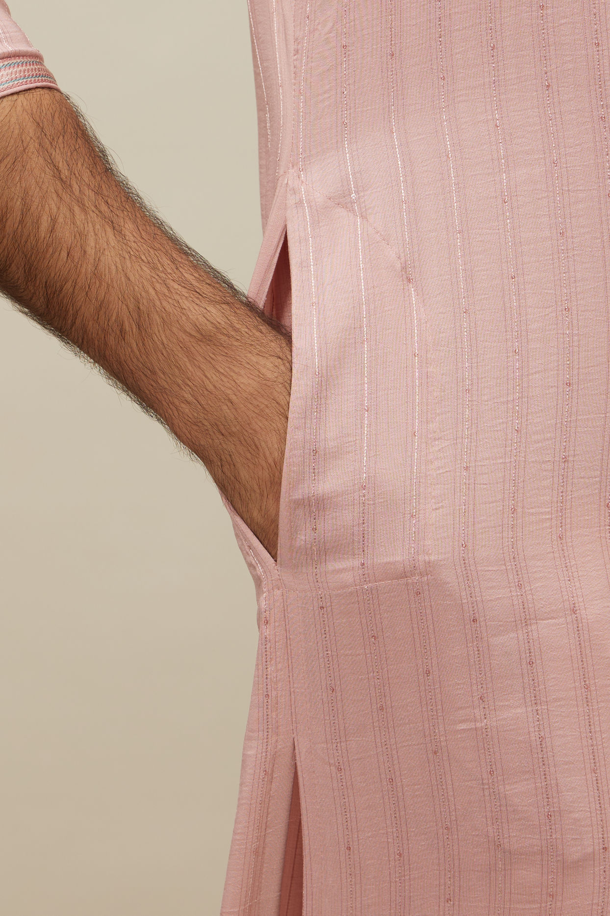 Manyavar Men Cherry Blossom Pink Vertical Patterned Kurta Set
