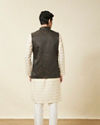 alt message - Manyavar Men Hunter Green Bel Buti Patterned Waistcoat image number 3