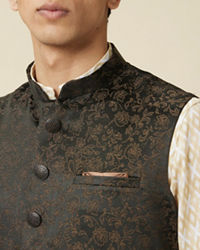 Manyavar Men Hunter Green Bel Buti Patterned Waistcoat