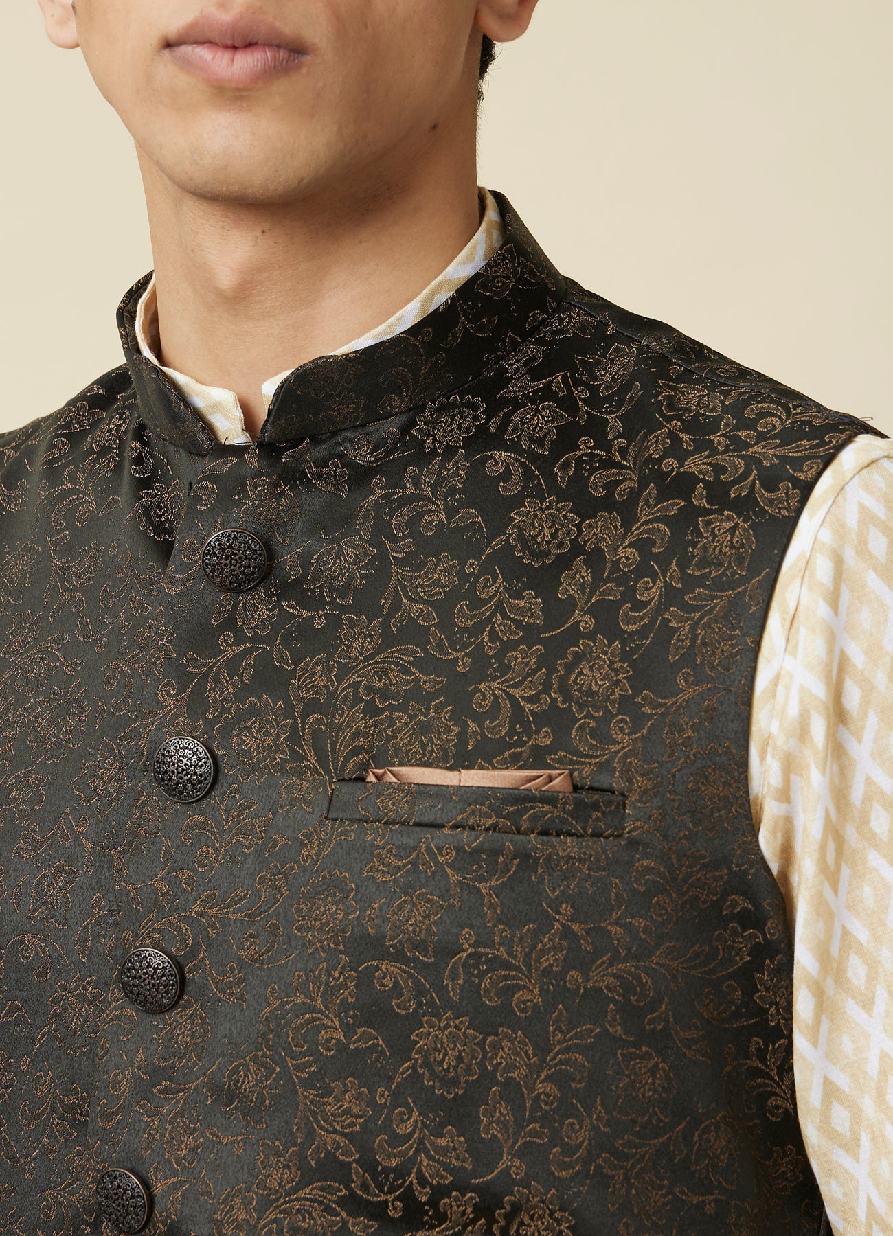 Manyavar Men Hunter Green Bel Buti Patterned Waistcoat