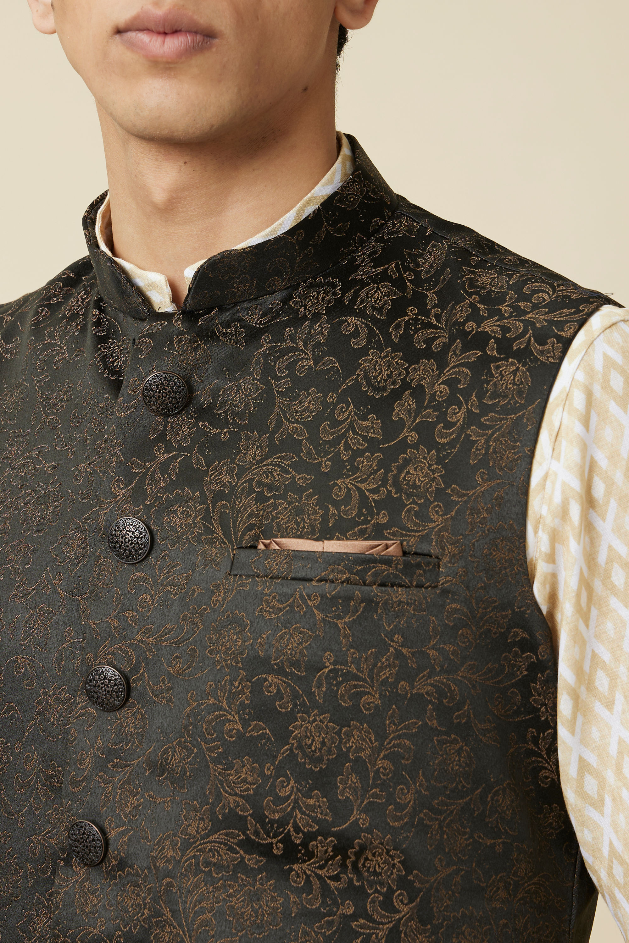 Manyavar Men Hunter Green Bel Buti Patterned Waistcoat