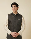 alt message - Manyavar Men Hunter Green Bel Buti Patterned Waistcoat image number 0