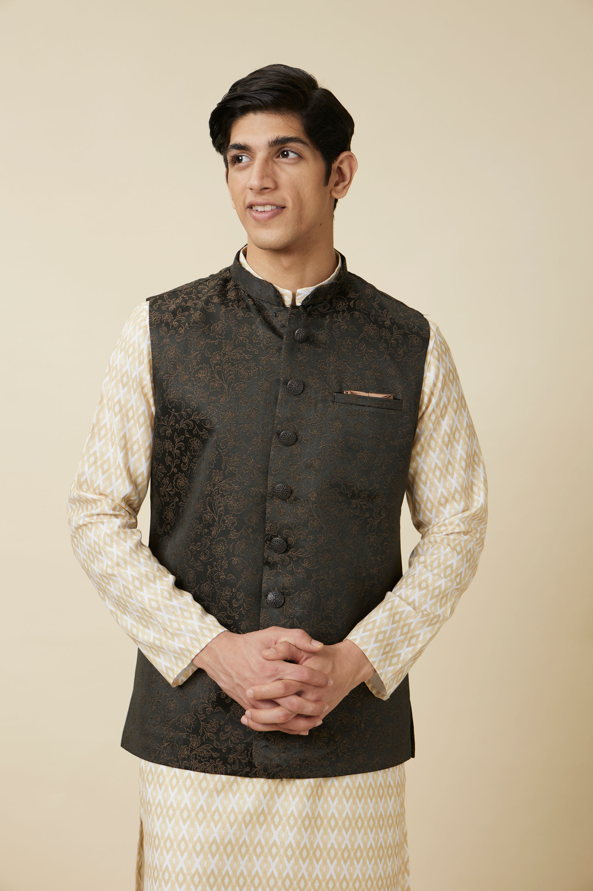 Manyavar Men Hunter Green Bel Buti Patterned Waistcoat