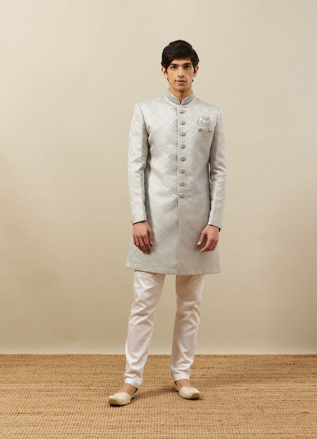 Manyavar Men Pearl River Grey Medallion Patterned Indo Western Set