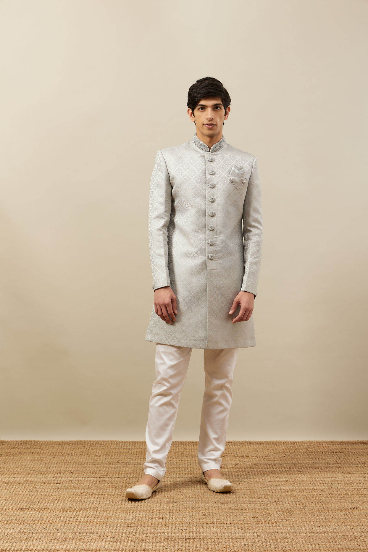 Manyavar Men Pearl River Grey Medallion Patterned Indo Western Set