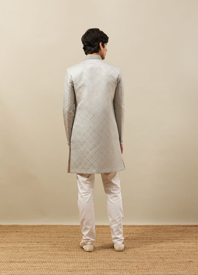 Manyavar Men Pearl River Grey Medallion Patterned Indo Western Set