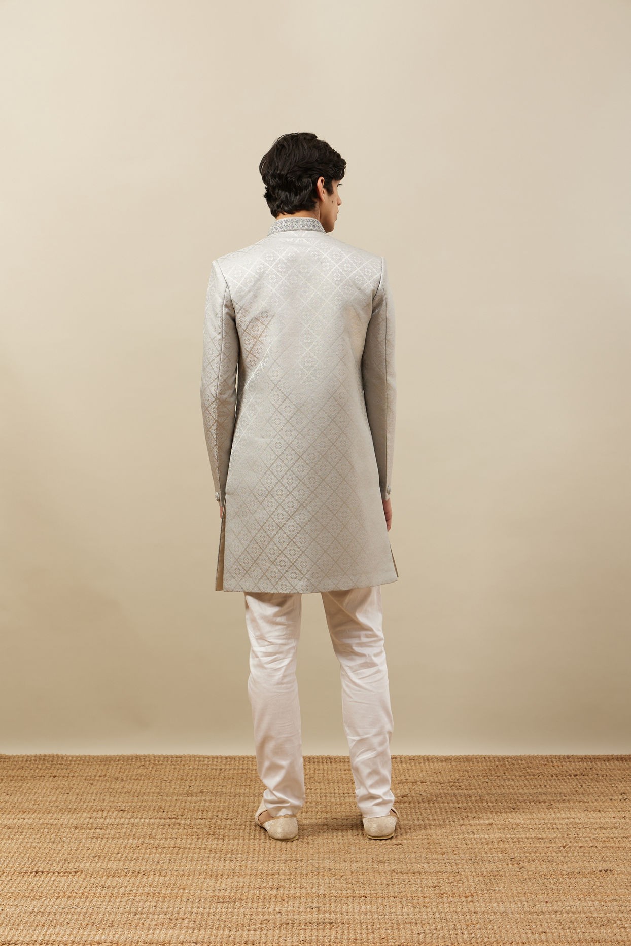 Manyavar Men Pearl River Grey Medallion Patterned Indo Western Set