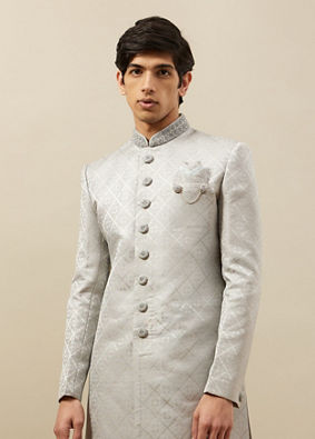 Manyavar Men Pearl River Grey Medallion Patterned Indo Western Set