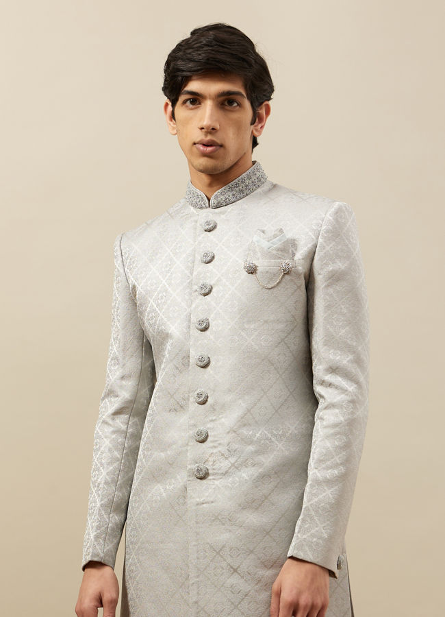 alt message - Manyavar Men Pearl River Grey Medallion Patterned Indo Western Set image number 0