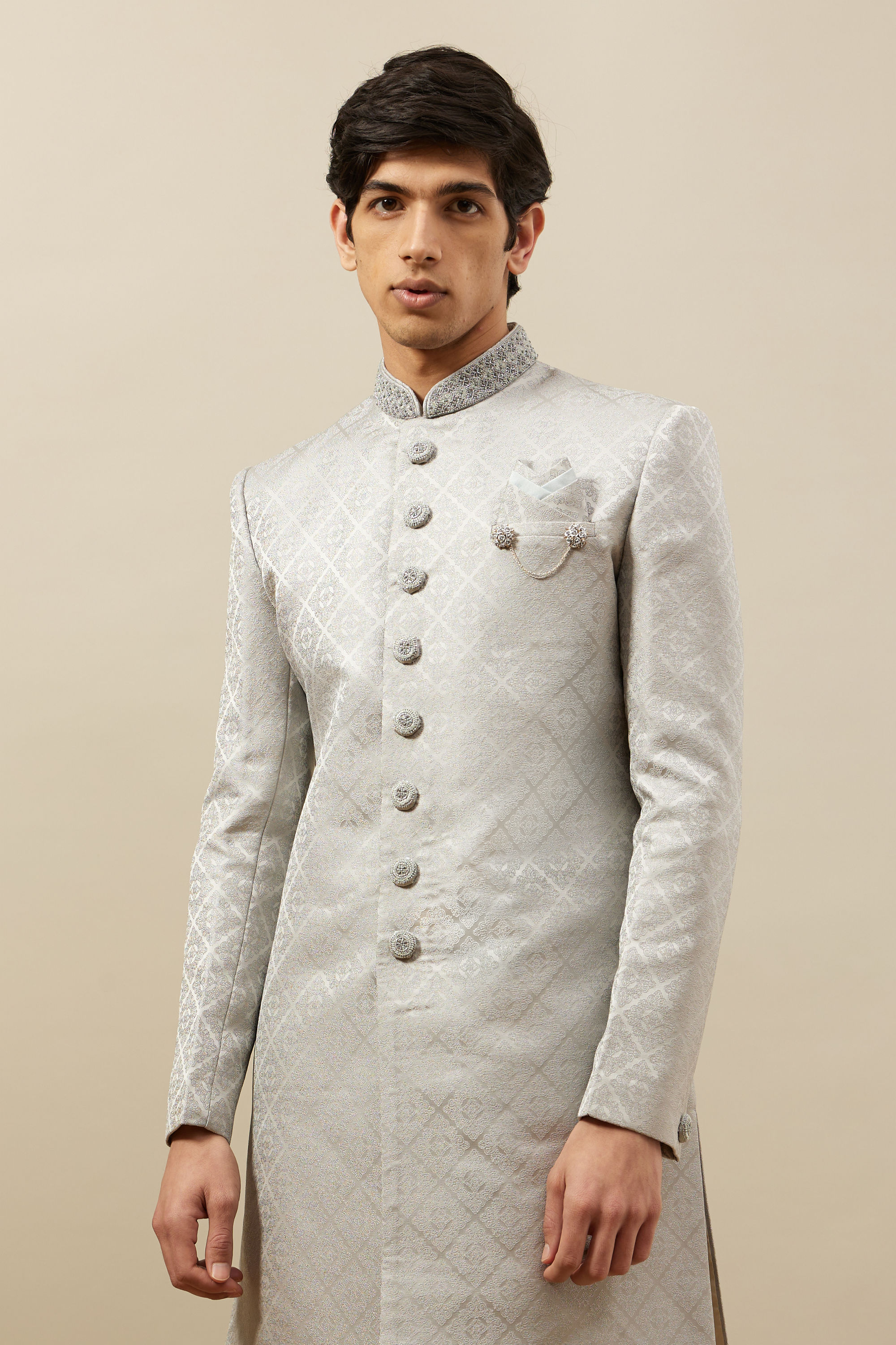 Manyavar Men Pearl River Grey Medallion Patterned Indo Western Set