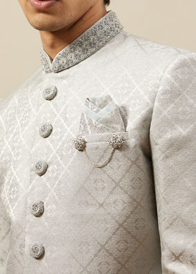 Manyavar Men Pearl River Grey Medallion Patterned Indo Western Set