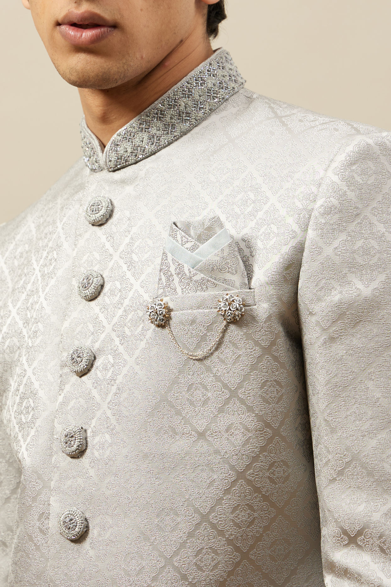 Manyavar Men Pearl River Grey Medallion Patterned Indo Western Set