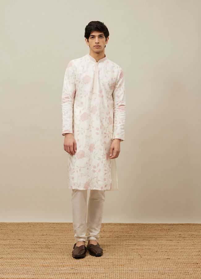 Manyavar Men Delicate Cream Bel Buti Patterned Kurta Set