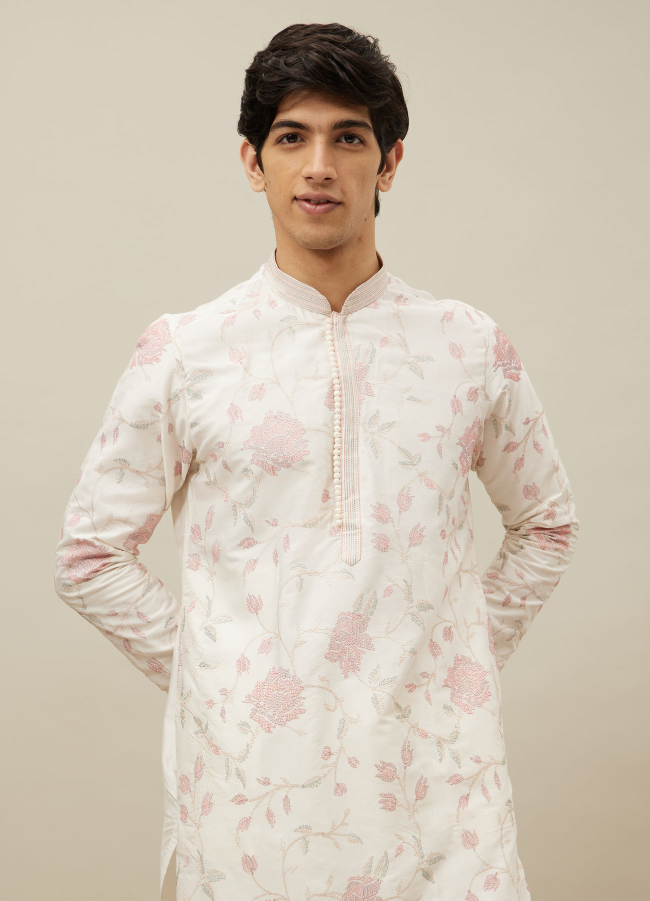 Manyavar Men Delicate Cream Bel Buti Patterned Kurta Set