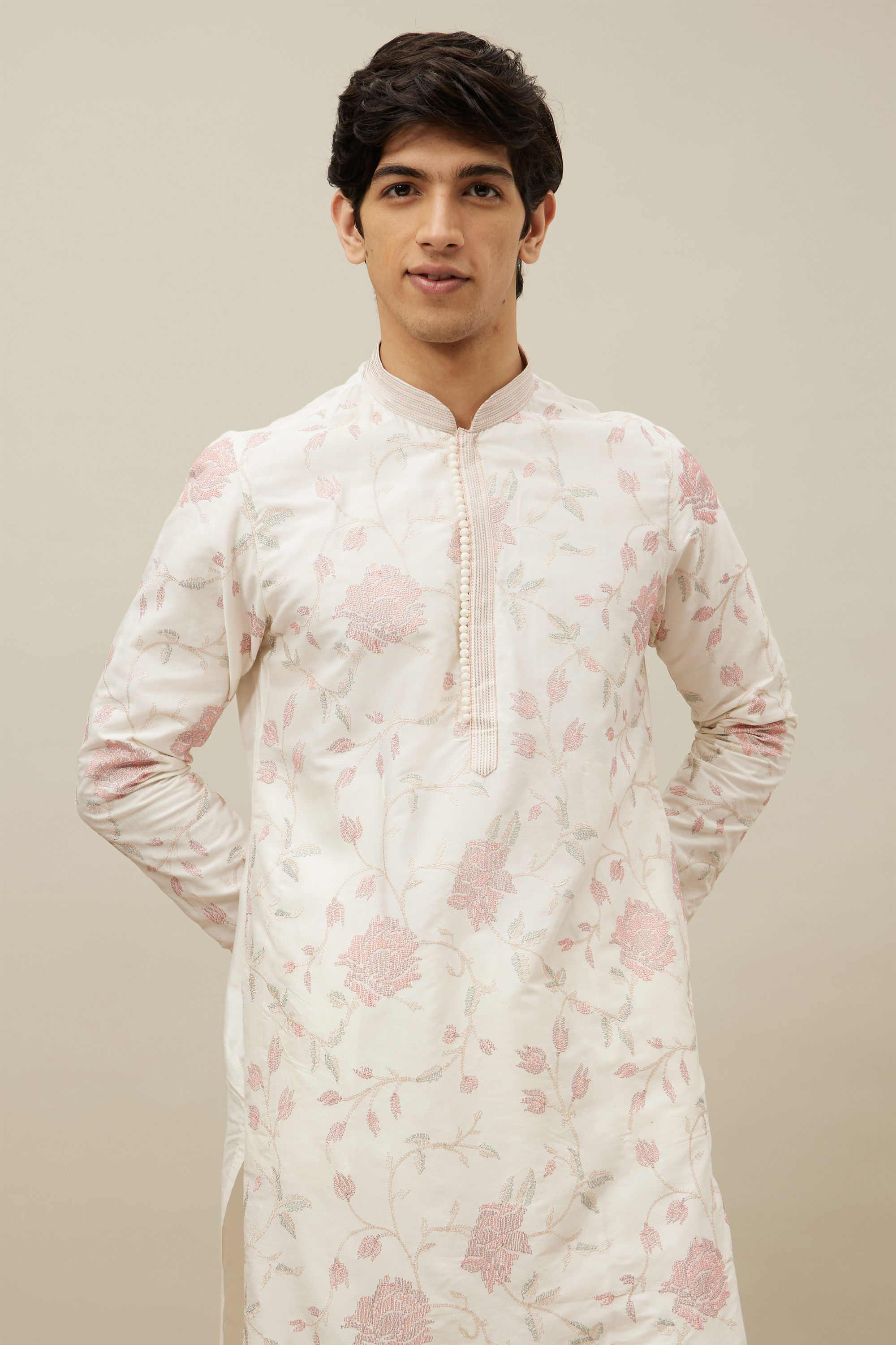 Manyavar Men Delicate Cream Bel Buti Patterned Kurta Set