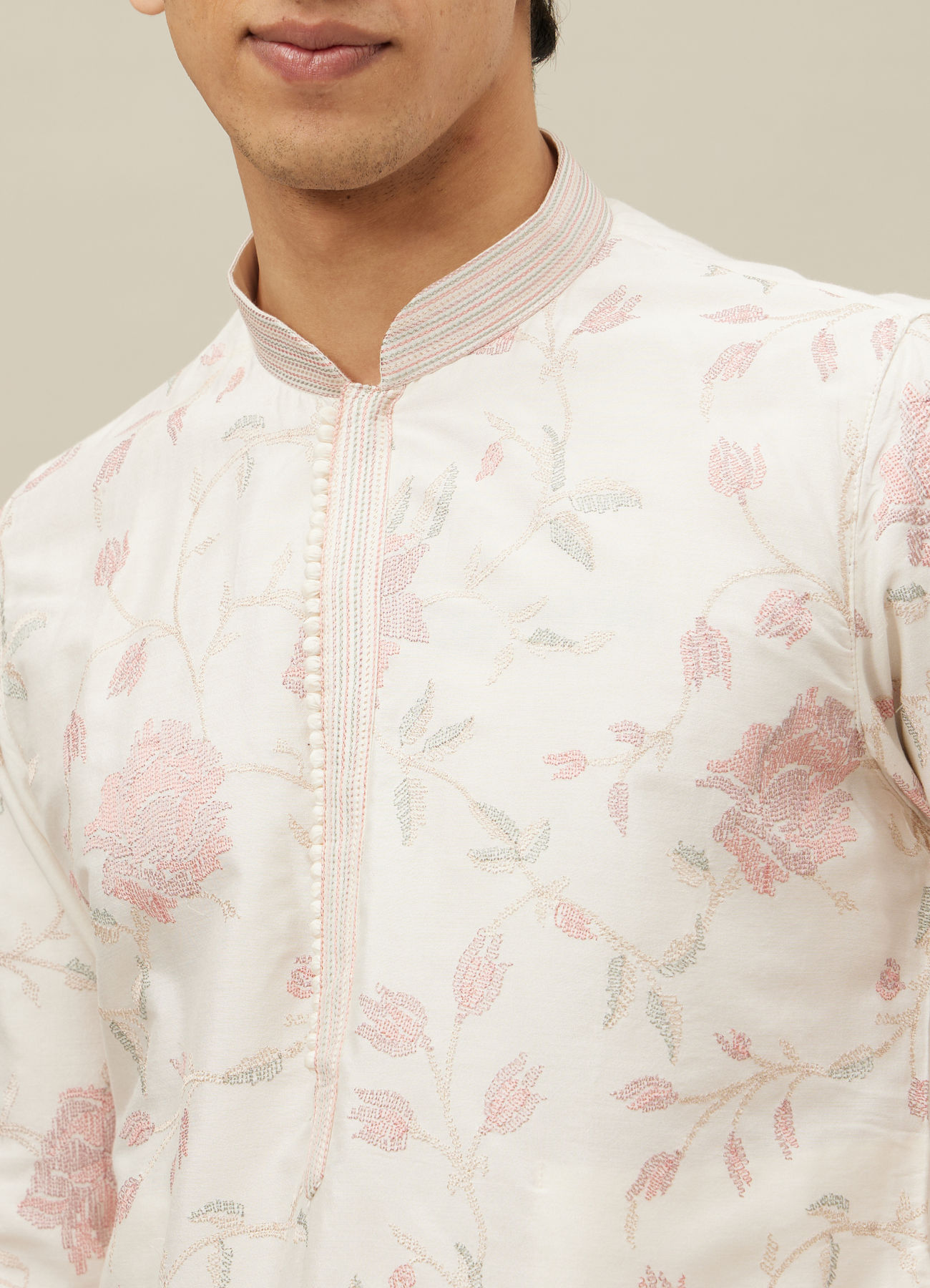 Manyavar Men Delicate Cream Bel Buti Patterned Kurta Set