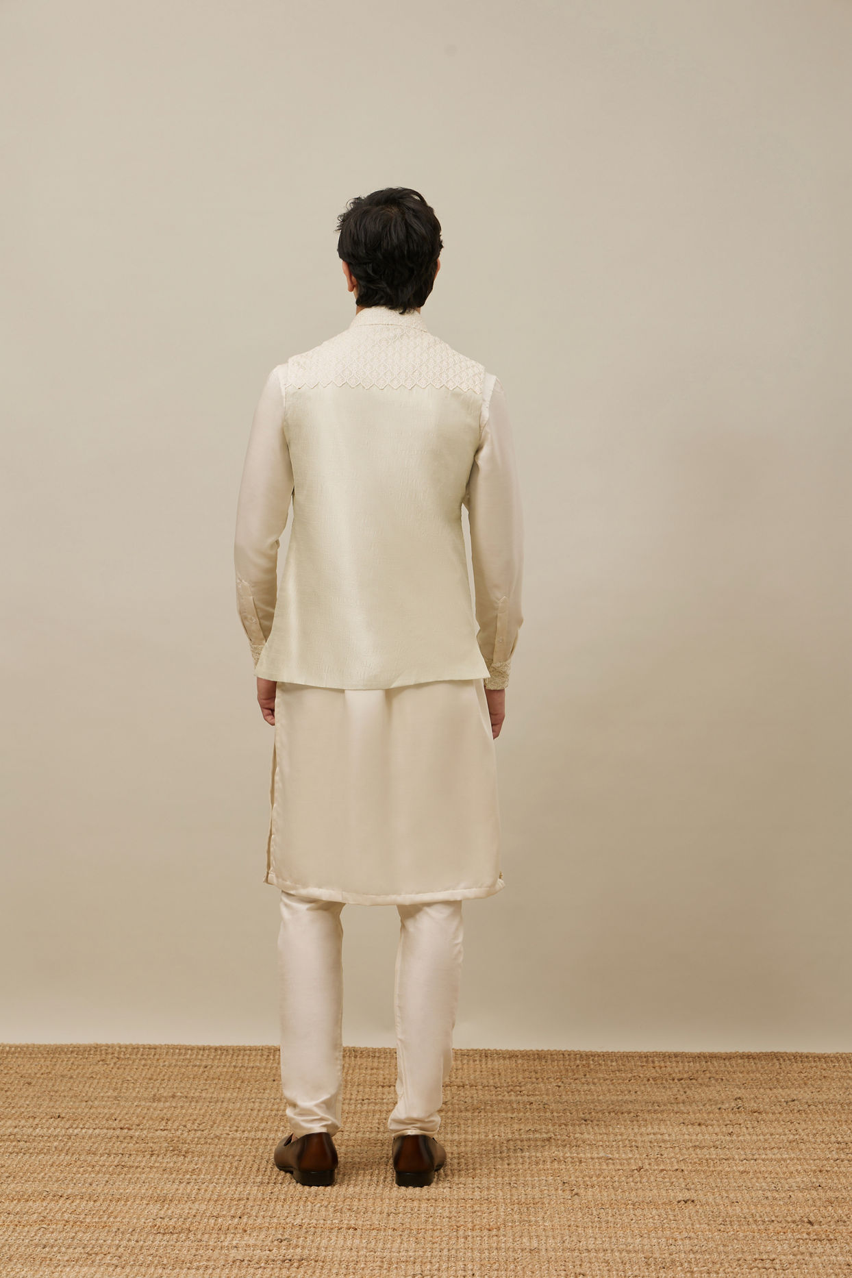 Manyavar Men Pearled Ivory White Ogee Patterned Jacket Set