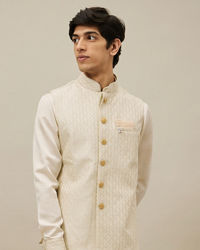 Manyavar Men Pearled Ivory White Ogee Patterned Jacket Set