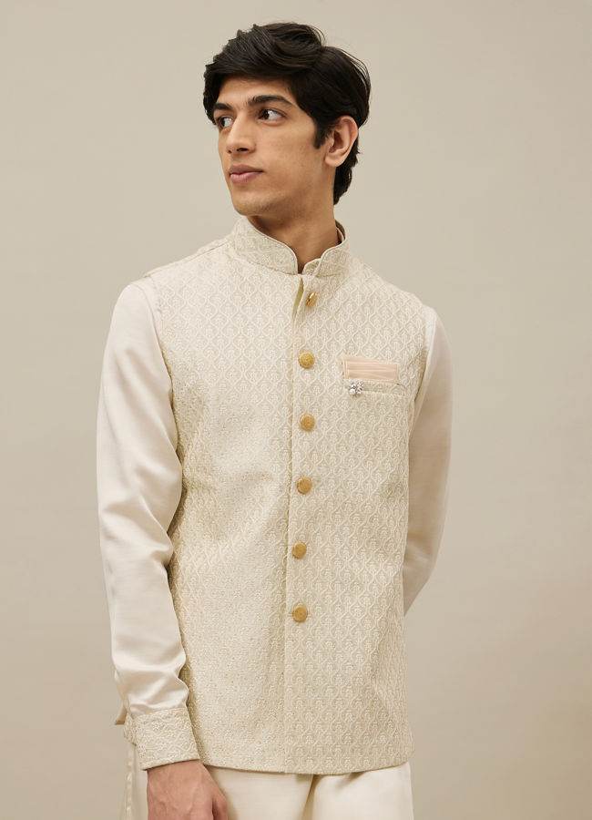 Manyavar Men Pearled Ivory White Ogee Patterned Jacket Set