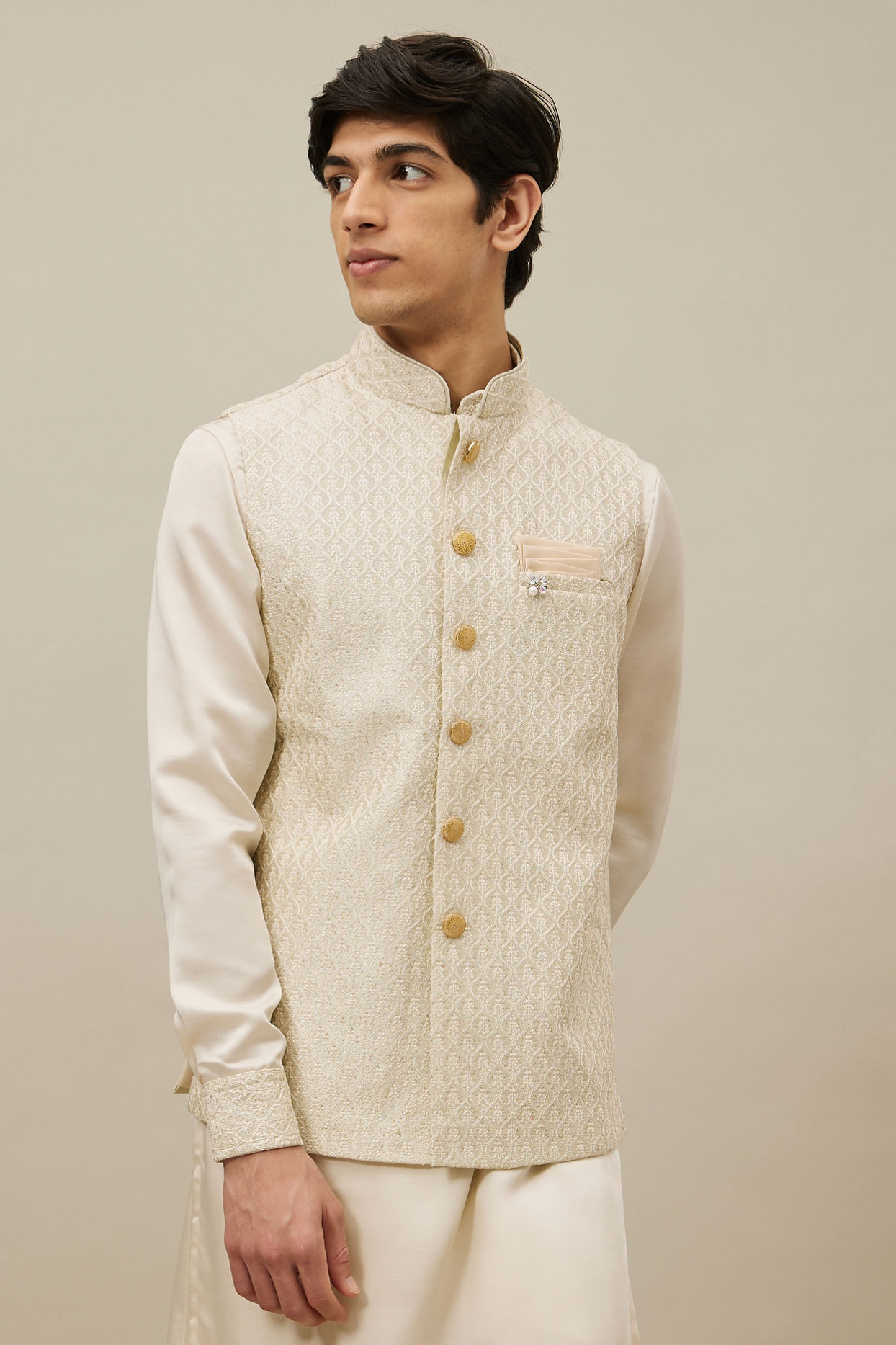 alt message - Manyavar Men Pearled Ivory White Ogee Patterned Jacket Set image number 0