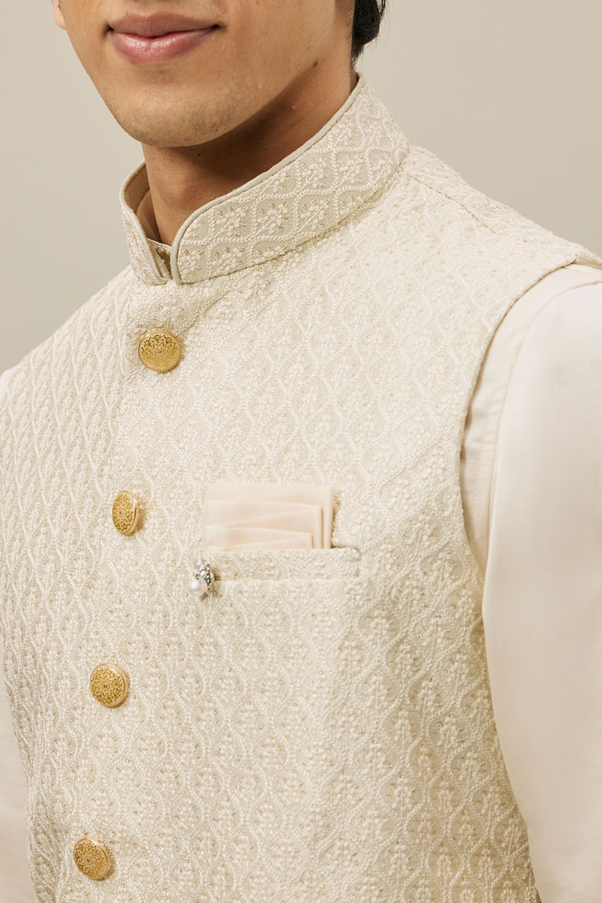 Manyavar Men Pearled Ivory White Ogee Patterned Jacket Set