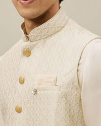 Manyavar Men Pearled Ivory White Ogee Patterned Jacket Set