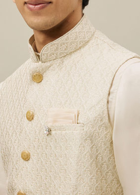 alt message - Manyavar Men Pearled Ivory White Ogee Patterned Jacket Set image number 1