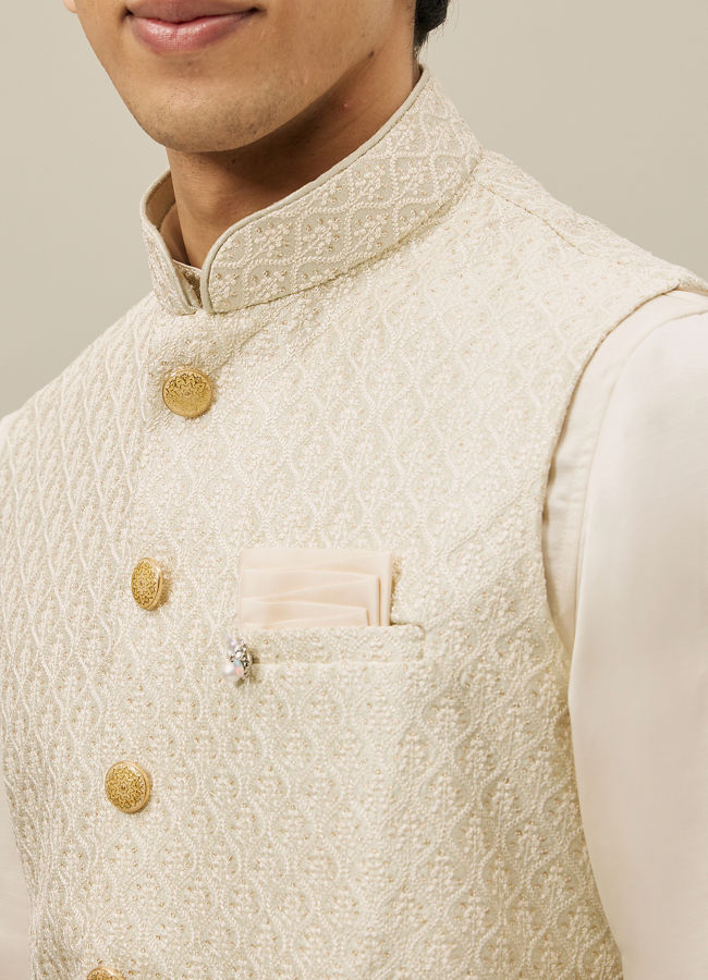 Manyavar Men Pearled Ivory White Ogee Patterned Jacket Set