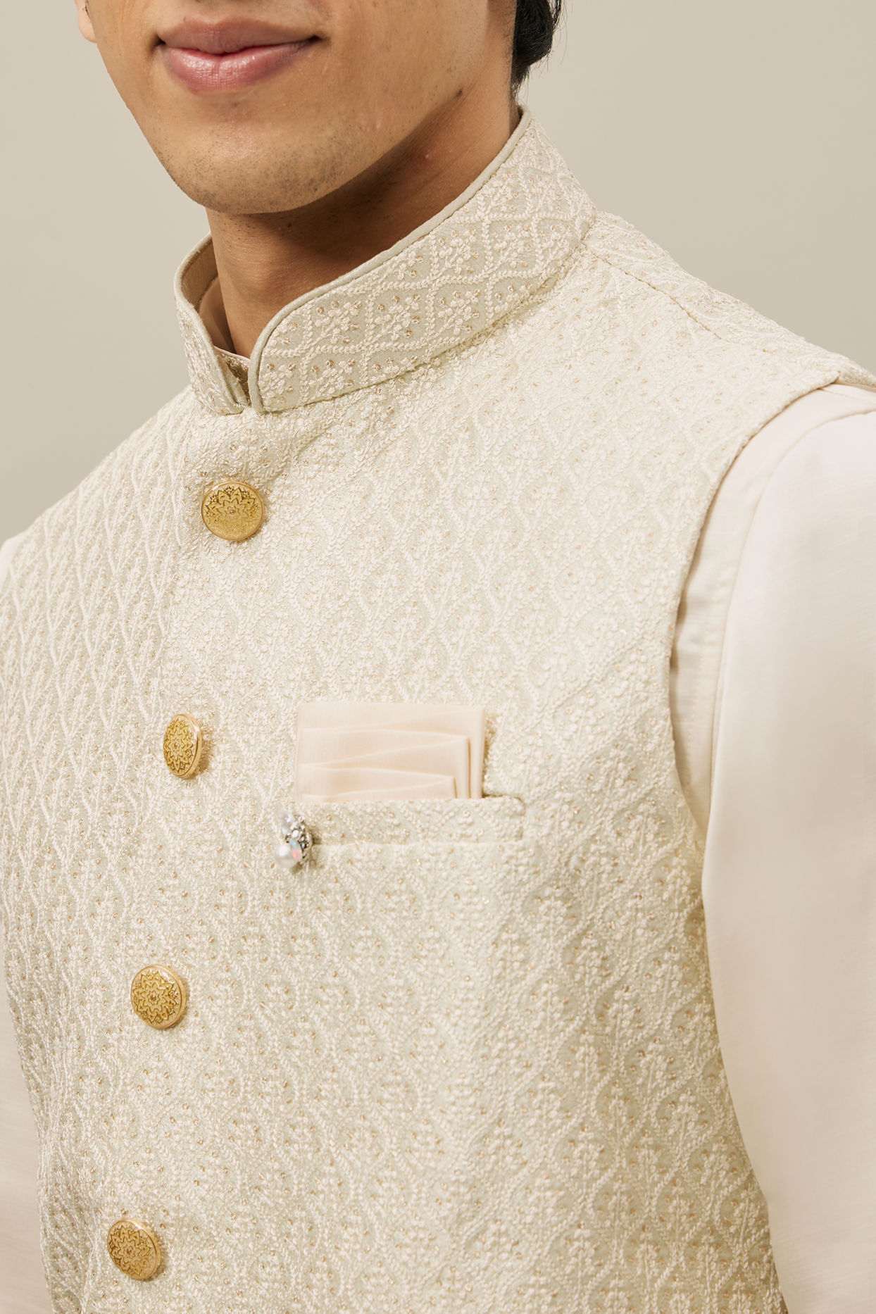 Manyavar Men Pearled Ivory White Ogee Patterned Jacket Set