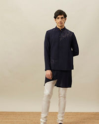 Twamev Men Navy Blue Embroidered Kurta Jacket Set
