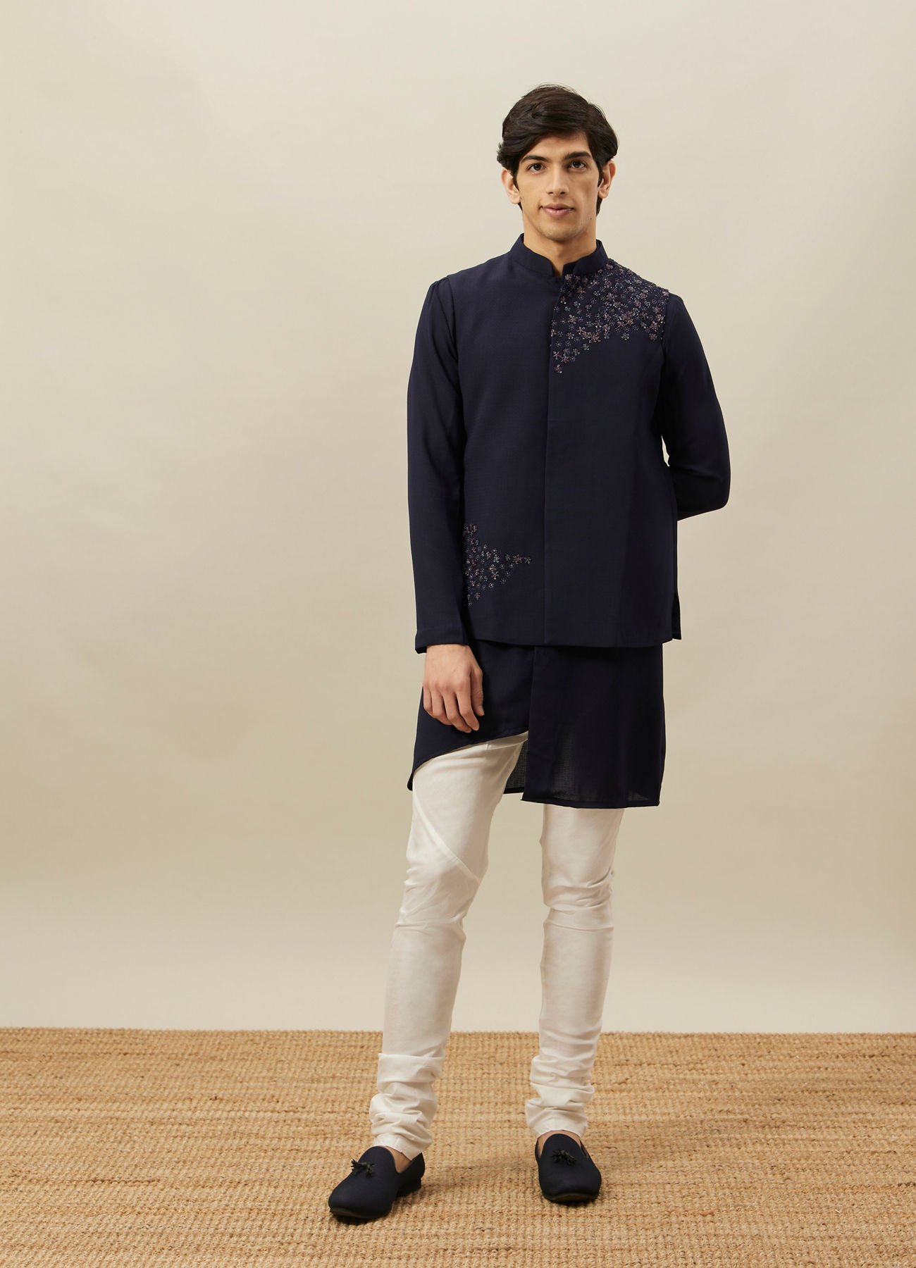 Twamev Men Navy Blue Embroidered Kurta Jacket Set