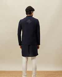 Twamev Men Navy Blue Embroidered Kurta Jacket Set