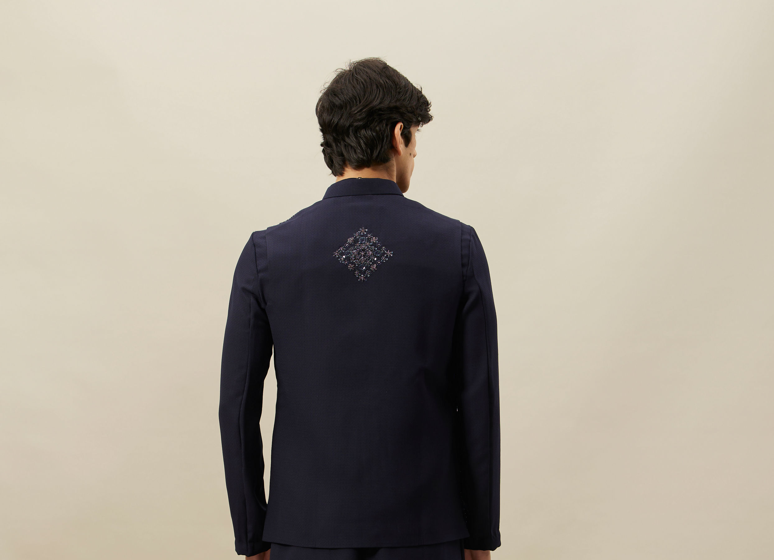Twamev Men Navy Blue Embroidered Kurta Jacket Set