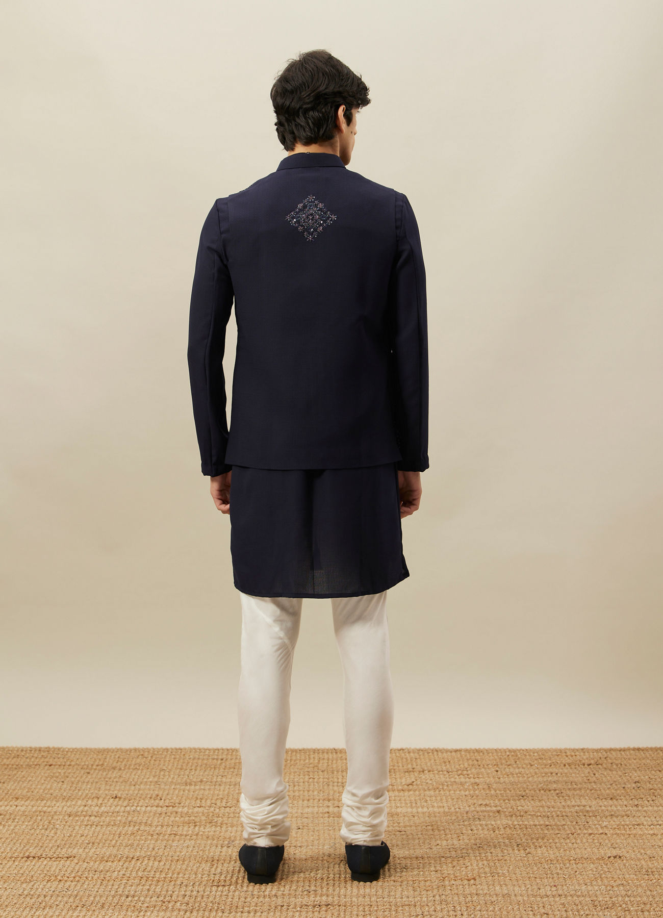 Twamev Men Navy Blue Embroidered Kurta Jacket Set