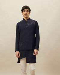 Twamev Men Navy Blue Embroidered Kurta Jacket Set