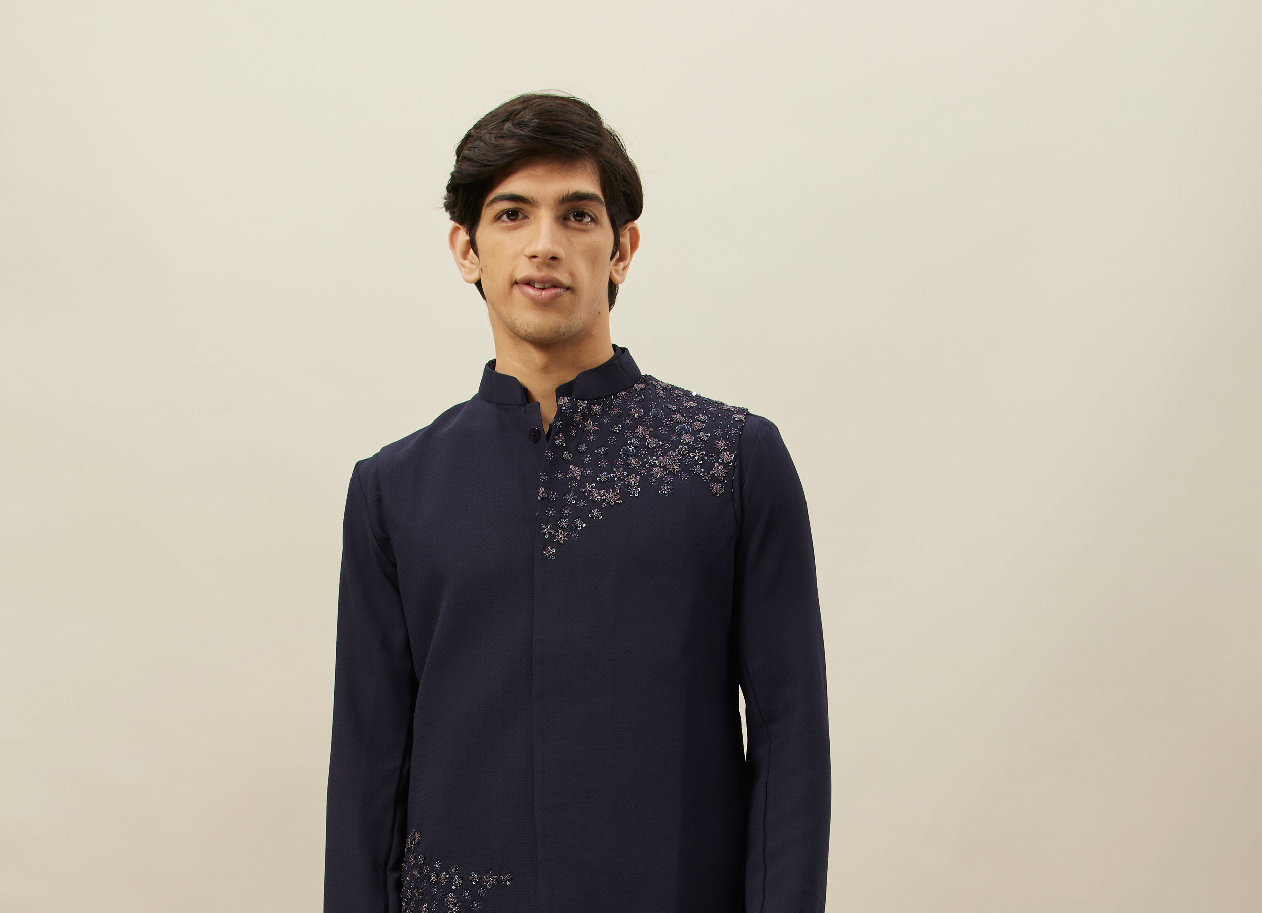 Twamev Men Navy Blue Embroidered Kurta Jacket Set