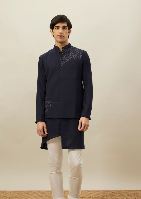 alt message - Twamev Men Navy Blue Embroidered Kurta Jacket Set image number 0