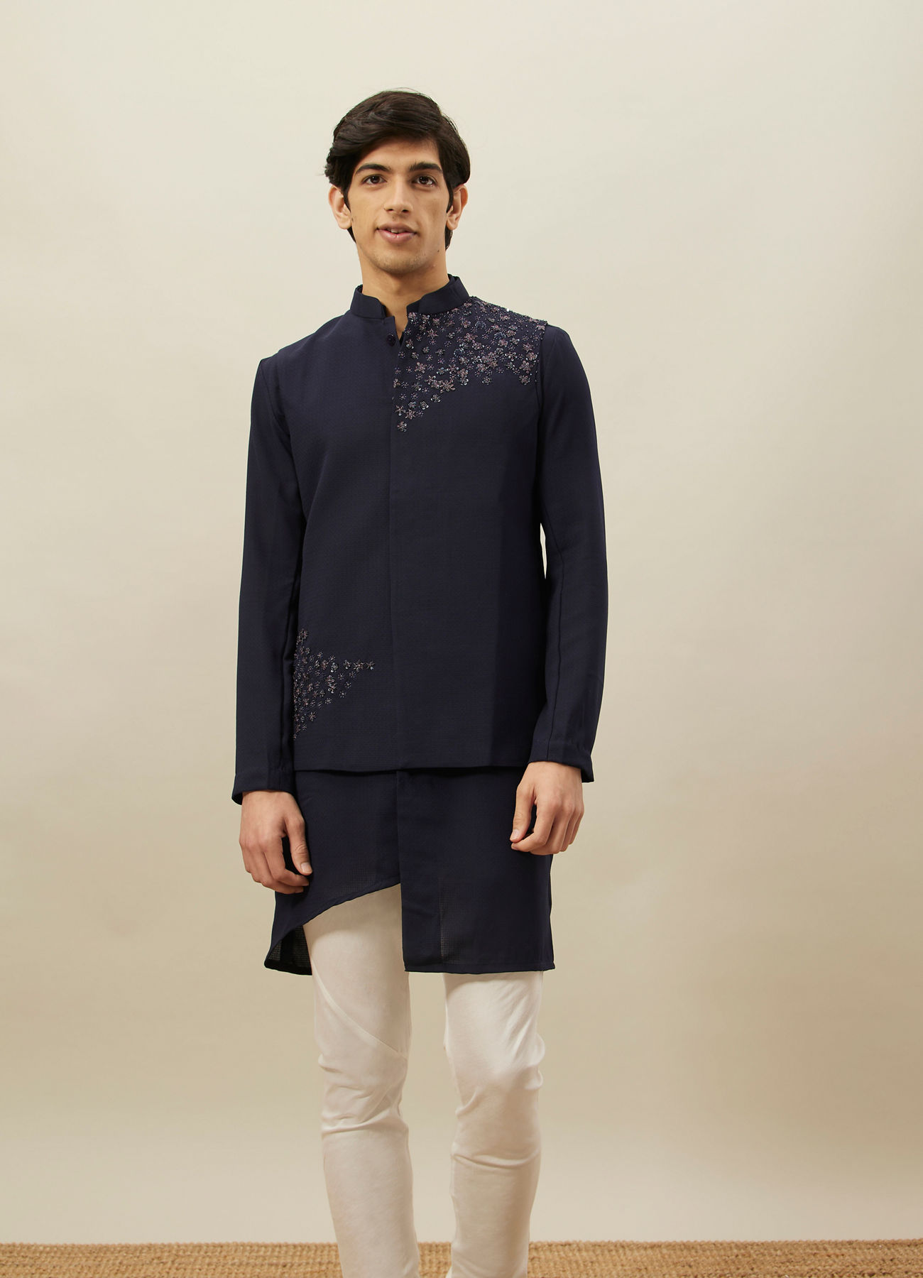 Twamev Men Navy Blue Embroidered Kurta Jacket Set