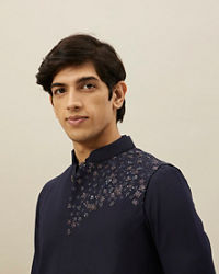 Twamev Men Navy Blue Embroidered Kurta Jacket Set