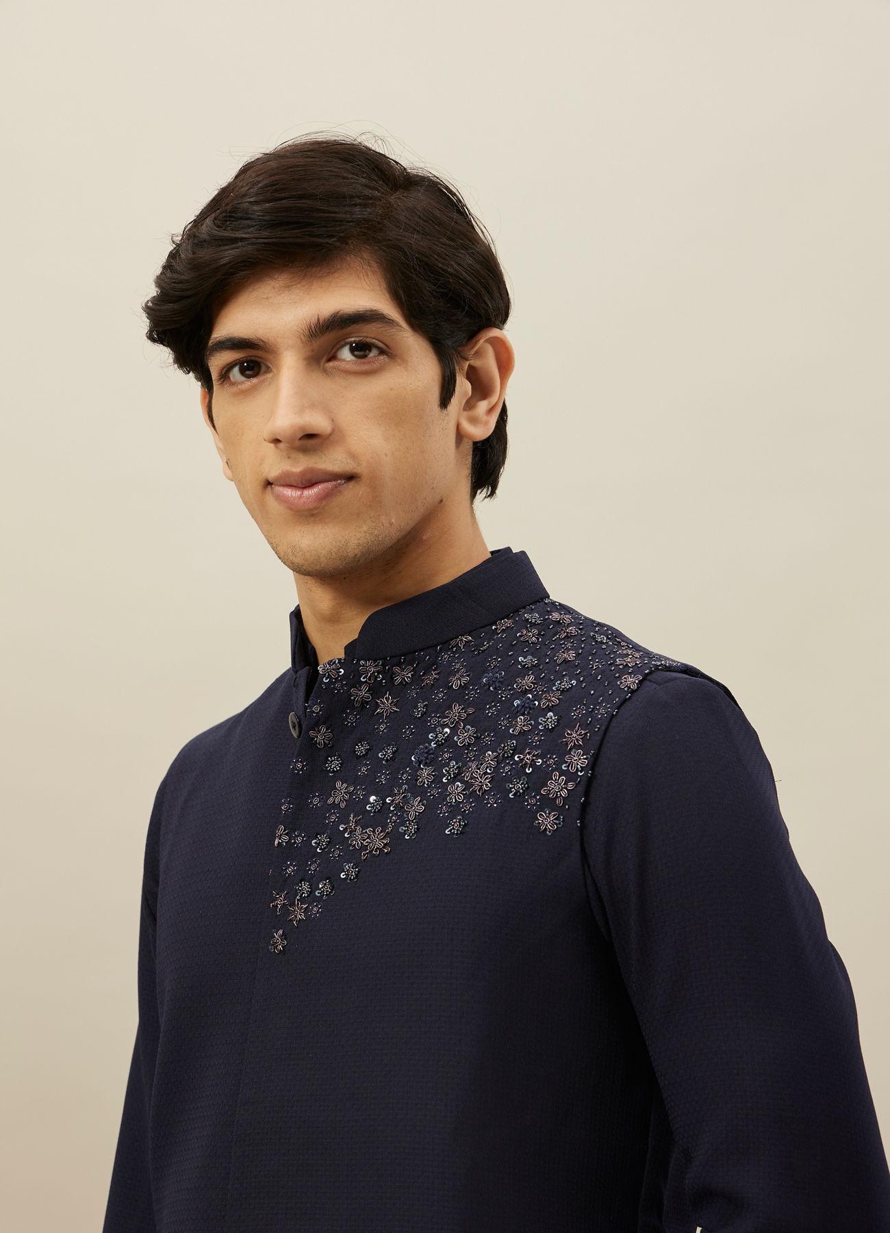 Twamev Men Navy Blue Embroidered Kurta Jacket Set