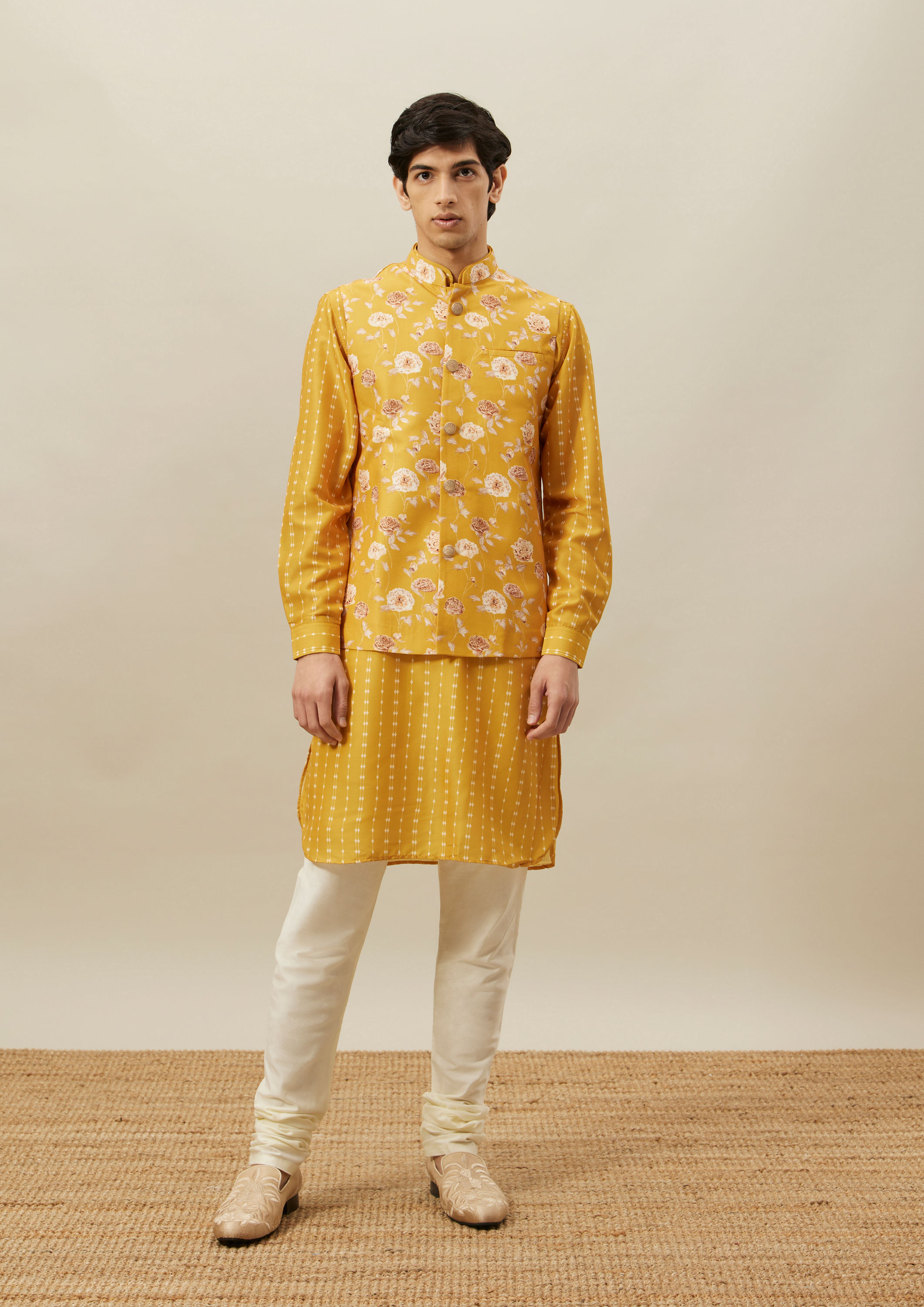 Twamev Men Amber Yellow Printed Kurta Jacket Set