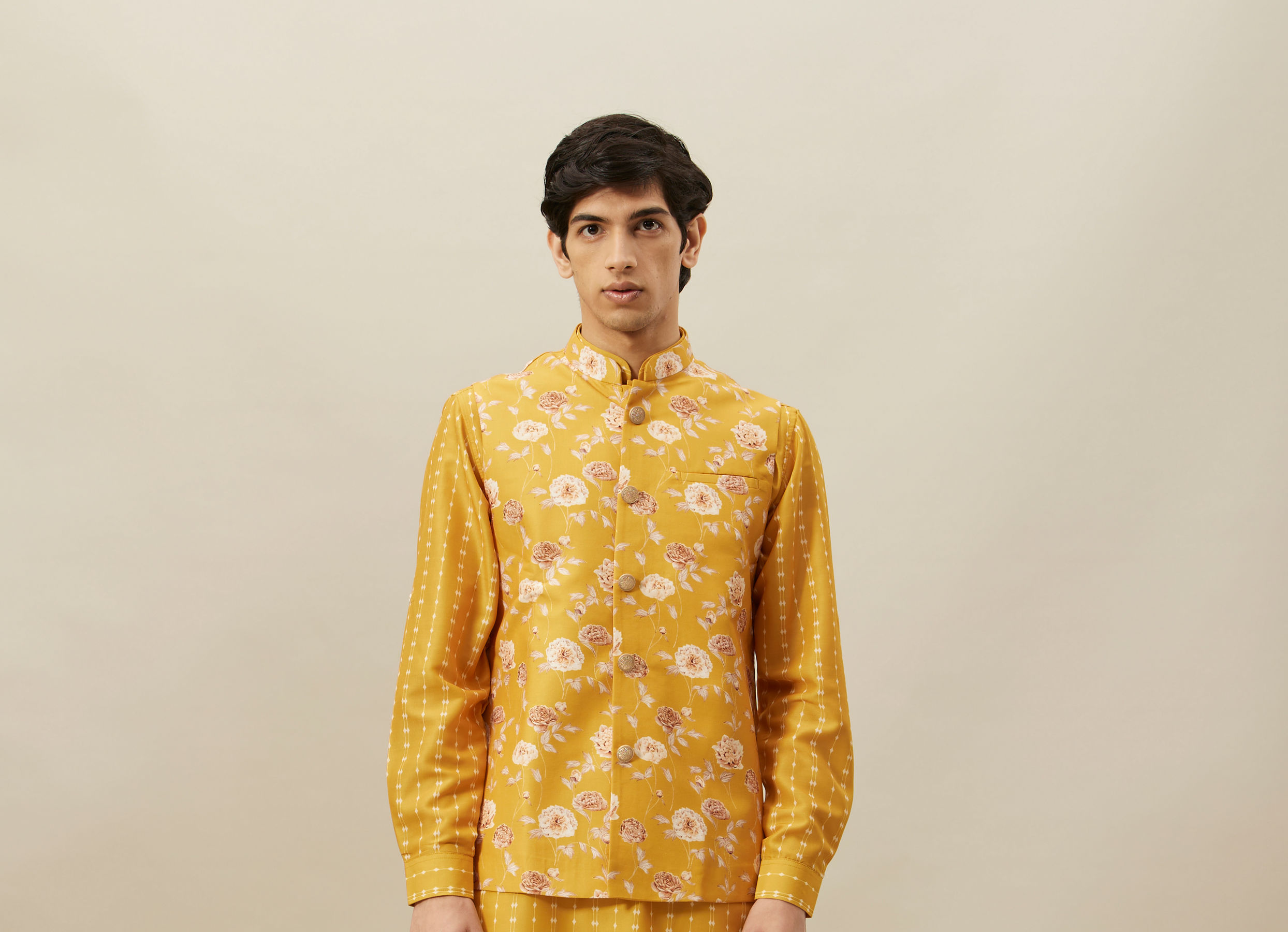 Twamev Men Amber Yellow Printed Kurta Jacket Set