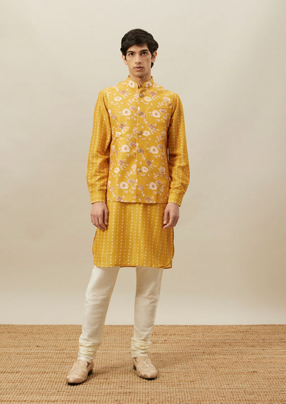Twamev Men Amber Yellow Printed Kurta Jacket Set